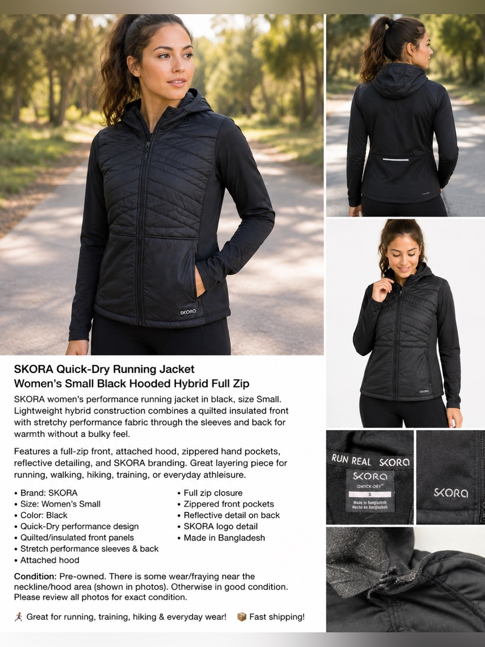 SKORA Quick-Dry Running Jacket Women’s Small Black Hooded Hybrid Full Zip